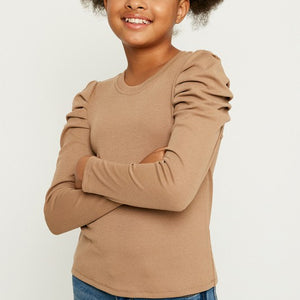 Girls Pleated Puff Shoulder Knit Top, 2 colors