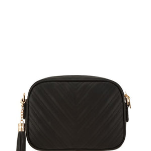 V Quilted Rectangular Crossbody Bag with Tassel