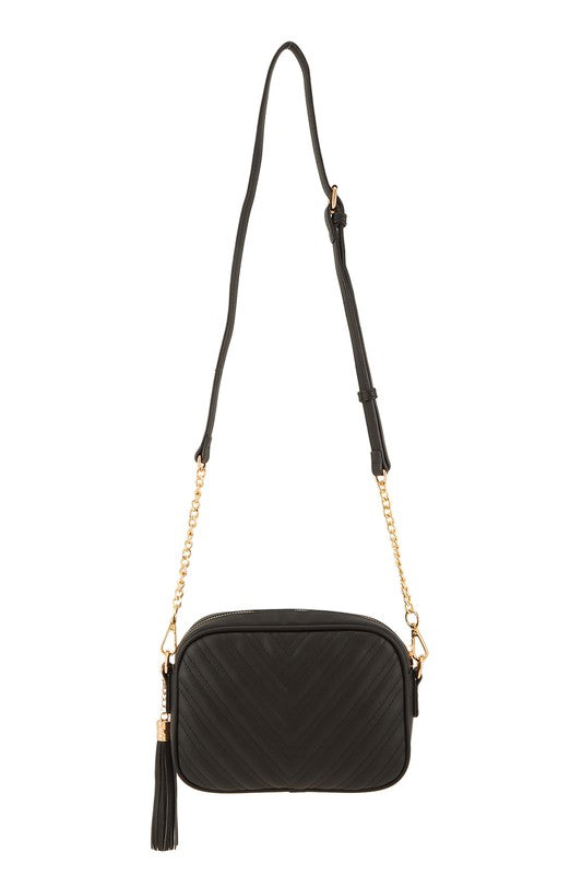 V Quilted Rectangular Crossbody Bag with Tassel