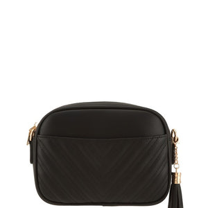 V Quilted Rectangular Crossbody Bag with Tassel