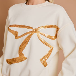 CREAM SEQUINS BOWS SWEATSHIRT