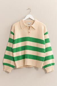 IVORY & GREEN COLLARED STRIPE SWEATER