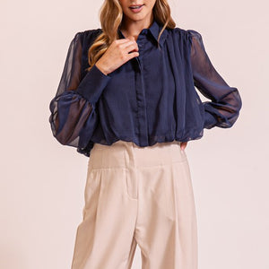 Navy Bubble hem chiffon blouse