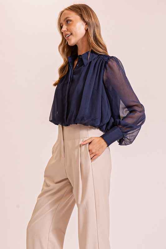 Navy Bubble hem chiffon blouse