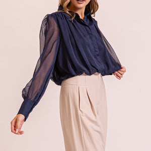 Navy Bubble hem chiffon blouse