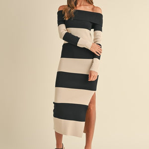 TAUPE/BLACK OFF SHOULDER STRIPE SWEATER KNIT MAXI DRESS