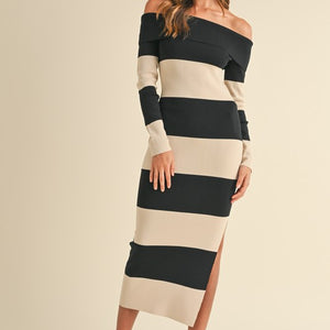 TAUPE/BLACK OFF SHOULDER STRIPE SWEATER KNIT MAXI DRESS