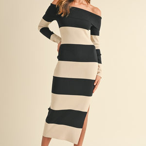 TAUPE/BLACK OFF SHOULDER STRIPE SWEATER KNIT MAXI DRESS