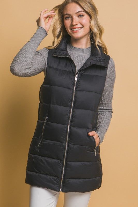 Black Sleeveless Longline Puffer Vest