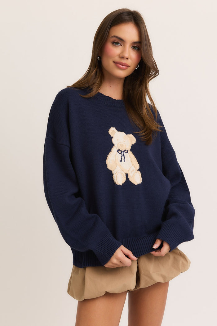 NAVY CREW NECK TEDDY BEAR GRAPHIC SWEATER