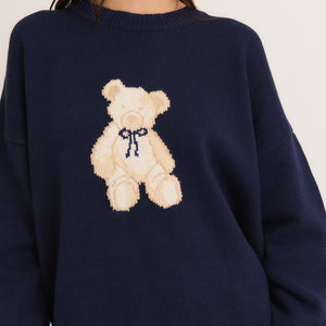 NAVY CREW NECK TEDDY BEAR GRAPHIC SWEATER