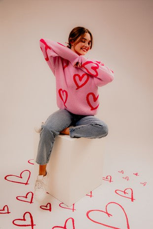 LONG SLEEVE ROUND NECK HEART PRINTED SWEATER