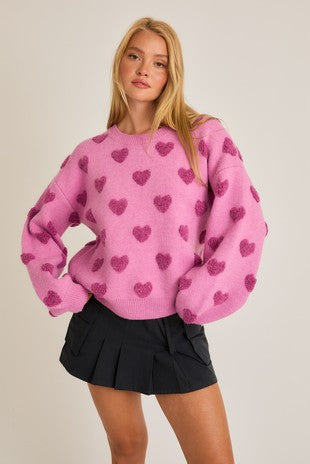 LONG SLEEVE CREW NECK HEART PRINT SWEATER