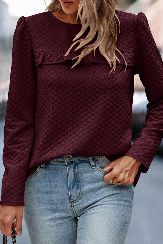 Burgundy Quilt Button Back Puff Sleeve Sweatshirt