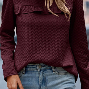 Burgundy Quilt Button Back Puff Sleeve Sweatshirt