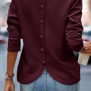 Burgundy Quilt Button Back Puff Sleeve Sweatshirt