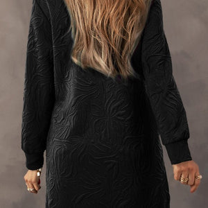 Black Jacquard Textured Quarter Zipper Shift Mini Dress