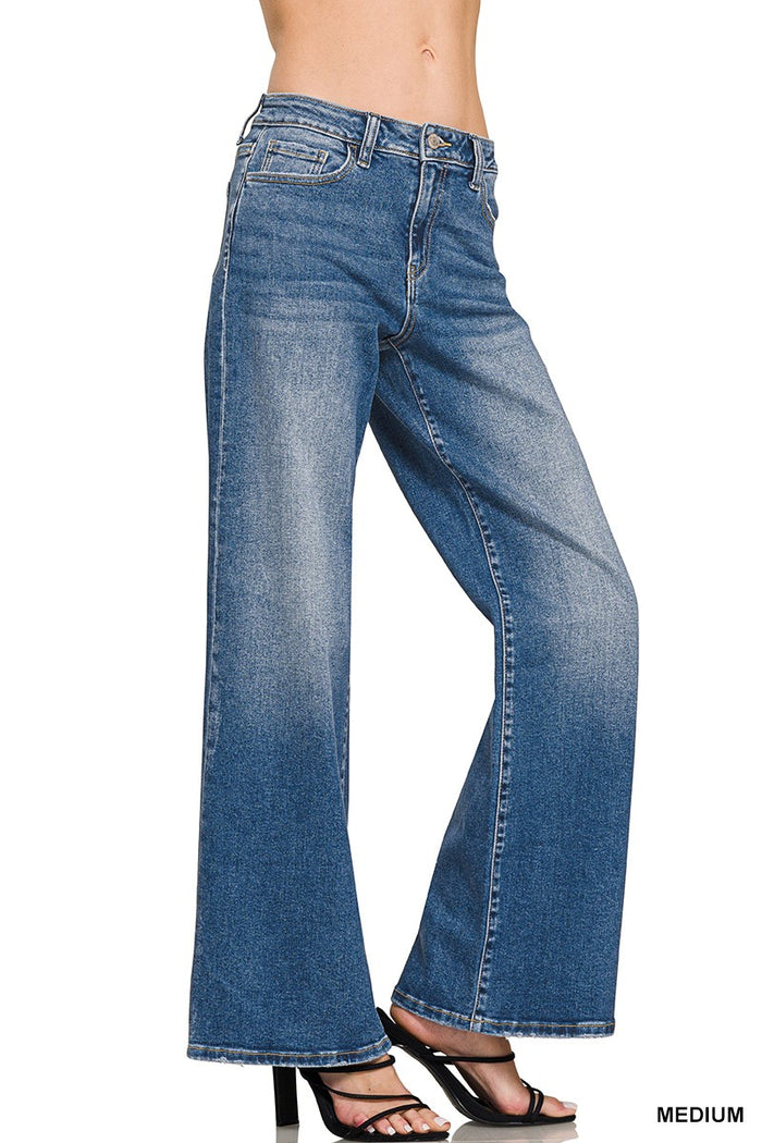 HIGH WAIST STRAIGHT LEG MEDIUM WASH DENIM PANTS