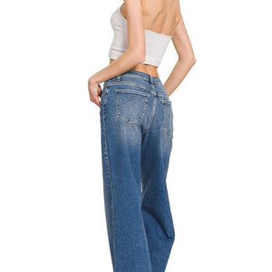 HIGH WAIST STRAIGHT LEG MEDIUM WASH DENIM PANTS