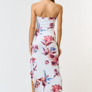 FLORAL PRINT ASYMMETRICAL RUFFLE TUBE MAXI DRESS