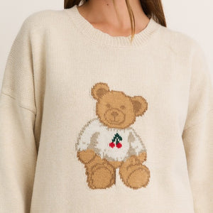 LONG SLEEVE CREW NECK TEDDY BEAR CHERRY SWEATER