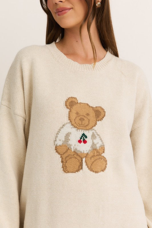 LONG SLEEVE CREW NECK TEDDY BEAR CHERRY SWEATER