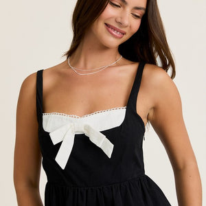 COLOR BLOCK BOW DETAIL BABY DOLL MINI DRESS