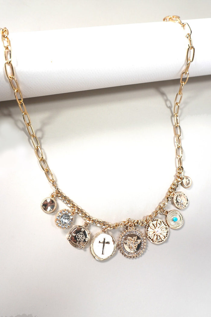 CHARM NECKLACE-CROSS RHINESTONE FLOWER BEE DISC