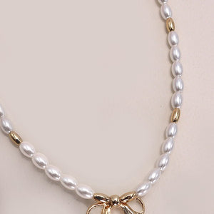 BOW RIBBON PEARL GOLD MIX CHAIN NECKLACE