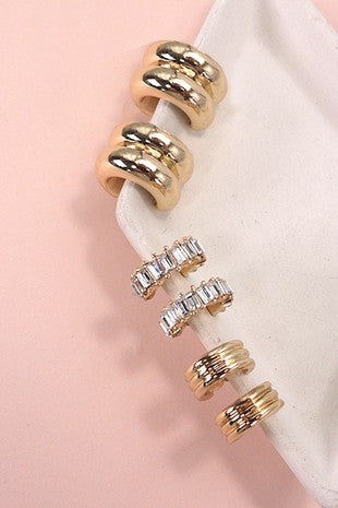 BAGUETTE STONE DOUBLE HOOP HUGGIE TRIO EARRINGS