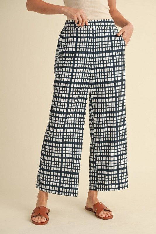 Navy Check print pants with back strtech-band waist