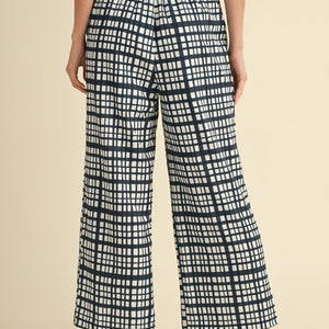 Navy Check print pants with back strtech-band waist