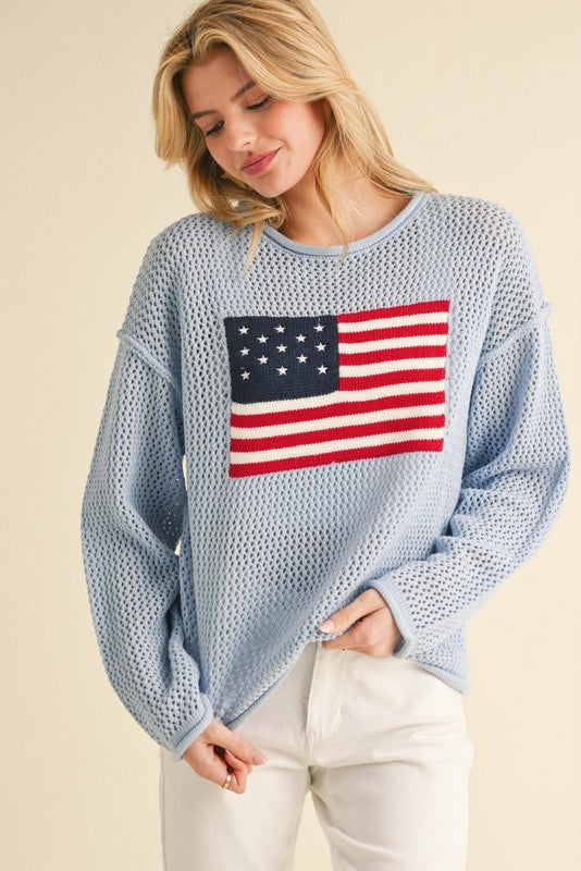 Powder blue American flag print crochet knit top