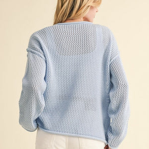Powder blue American flag print crochet knit top