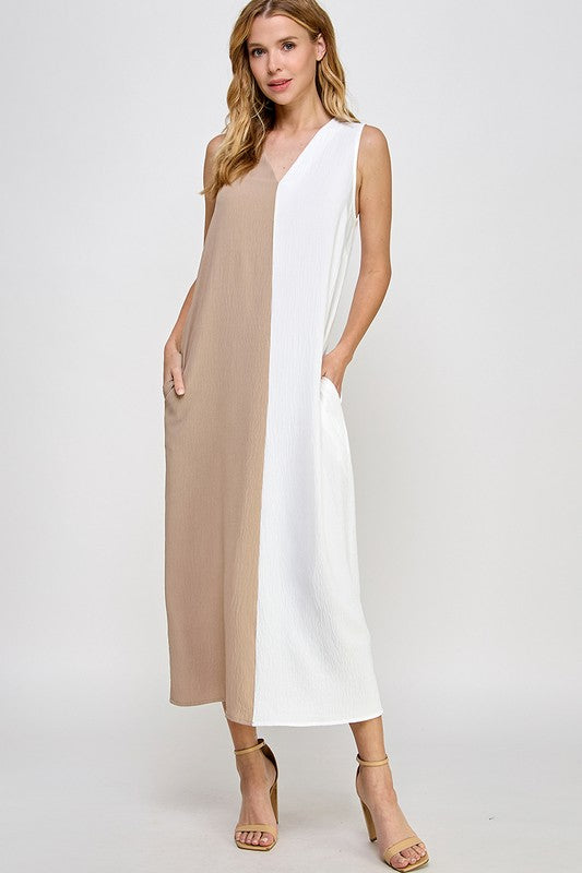 White/Tan color block maxi dress