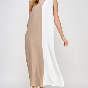 White/Tan color block maxi dress