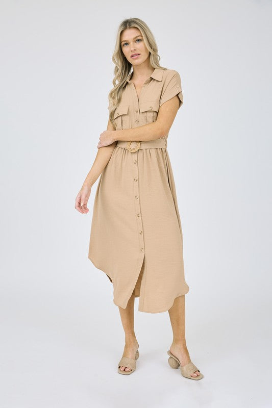 COLLARED BUTTON DOWN BELTED MIDI DRESS