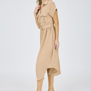 COLLARED BUTTON DOWN BELTED MIDI DRESS