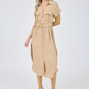 COLLARED BUTTON DOWN BELTED MIDI DRESS