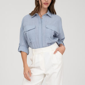 LIGHTWEIGHT COLLARED BUTTON DOWN 3/4 SLEEVE SHIRT, 2 COLORS