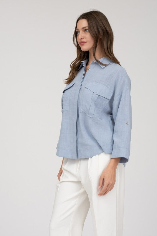 LIGHTWEIGHT COLLARED BUTTON DOWN 3/4 SLEEVE SHIRT, 2 COLORS