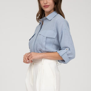 LIGHTWEIGHT COLLARED BUTTON DOWN 3/4 SLEEVE SHIRT, 2 COLORS