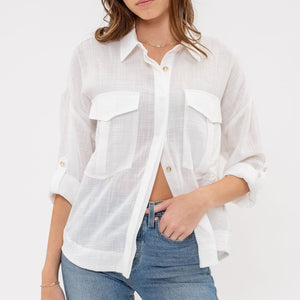 LIGHTWEIGHT COLLARED BUTTON DOWN 3/4 SLEEVE SHIRT, 2 COLORS