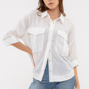 LIGHTWEIGHT COLLARED BUTTON DOWN 3/4 SLEEVE SHIRT, 2 COLORS