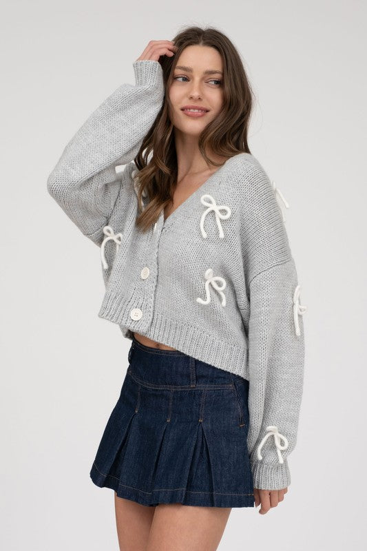 BOW DETAIL BUTTON DOWN CROPPED KNIT CARDIGAN