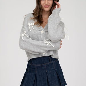 BOW DETAIL BUTTON DOWN CROPPED KNIT CARDIGAN