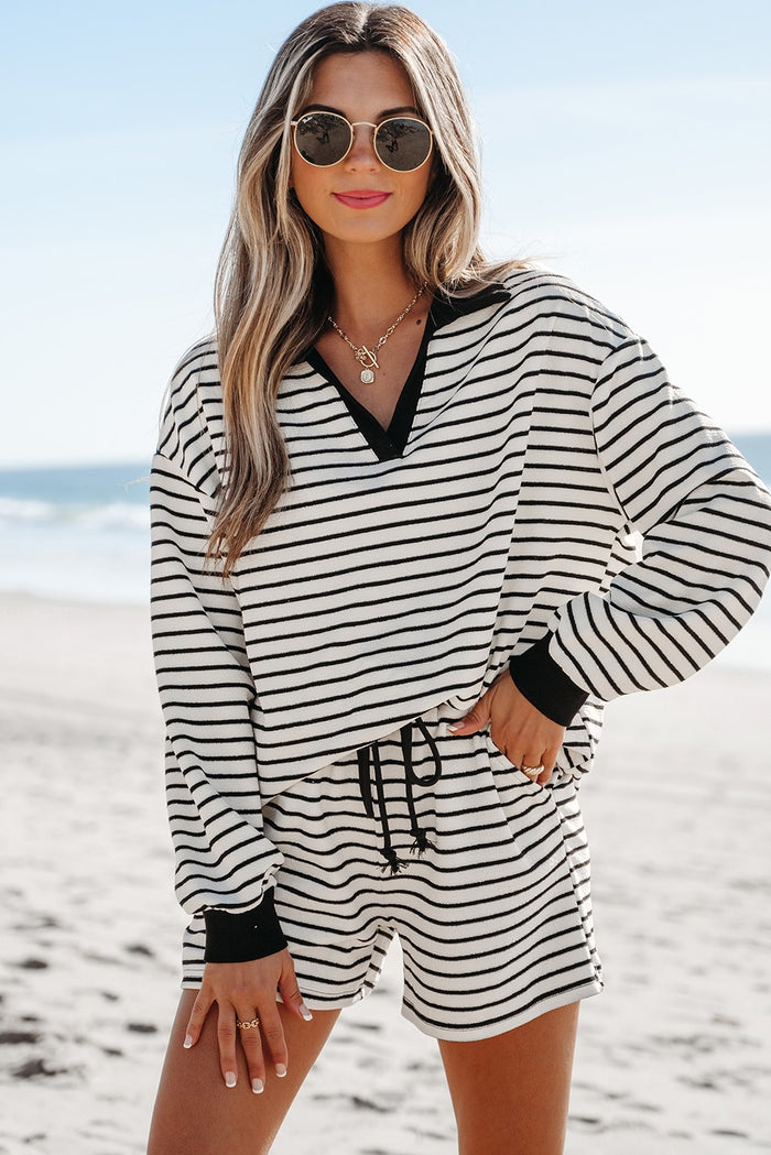 Stripe Collared Long Sleeve Top &Drawstring Shorts