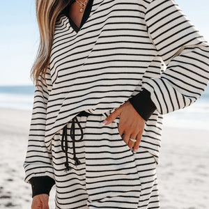 Stripe Collared Long Sleeve Top &Drawstring Shorts