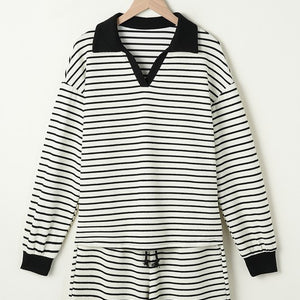 Stripe Collared Long Sleeve Top &Drawstring Shorts