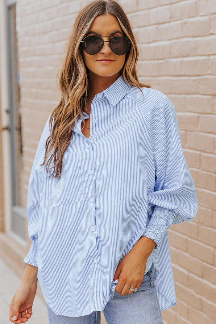 Smocked Cuffed Striped Boyfriend Shirt with Pocket, 2 colors